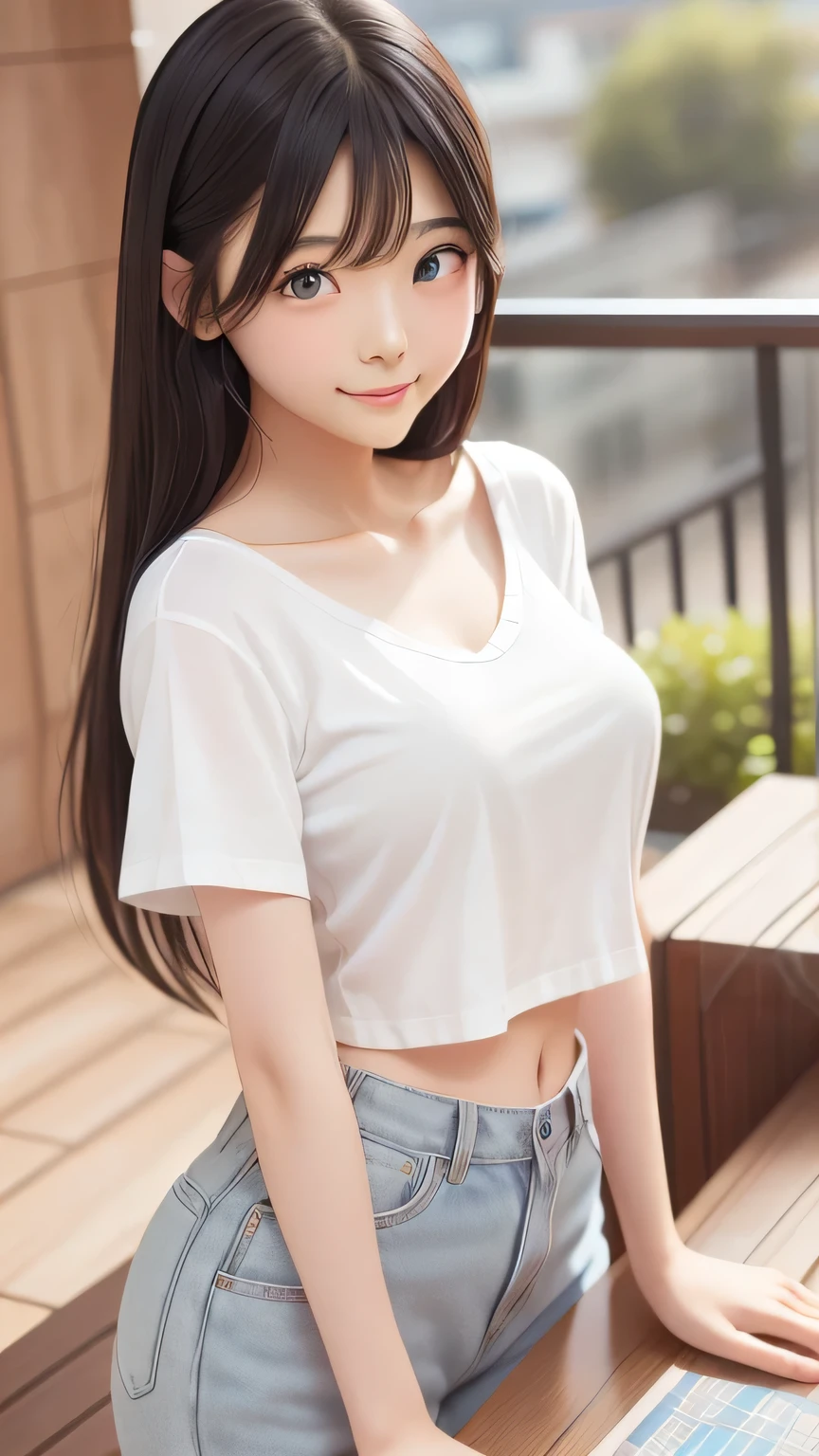 highest quality、Realistic、female、zoom、Orange Eyes、Long straight black hair、Plain white T-shirt、Rolling up his sleevelender、Large Breasts、Dark Skin、smile、Bust Shot、