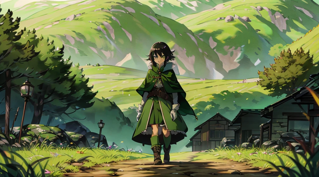 yuichiro hyakuya girl, (WithoutFear:1), 1 girl, black hair, green eyes, brown coat, gray armor, elves, sylvan, green shield, green cloak, dark brown gloves, forest, white fur trim, anime, standing, good quality, portrait, looking at viewer