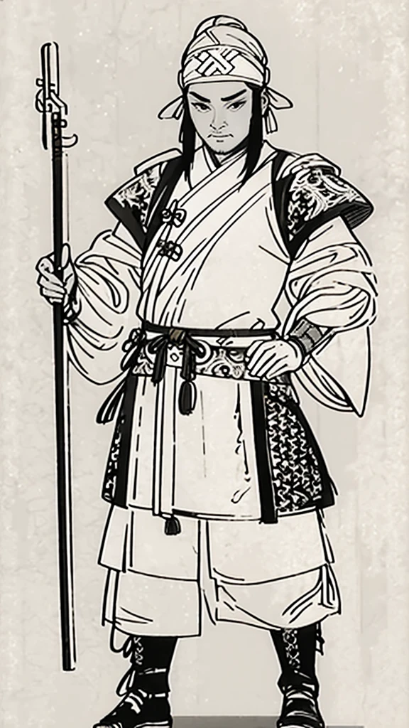 (((Monochrome)))、(((Ink Painting)))、((ancient China、Tie your hair、Handsome young man wearing a white swimming cap))、Holding a long stick in his arms、(((Hands on hips))),Line art、Oriental、Ultra-high resolution、Game Poster、Crisp and beautiful image quality、whole body ,(ancient China鎧, Dragon head on shoulder, (ancient China鉄鎧 with intricate pattern:1.2), gloves, Long trousers, (Very detailed, bloom:1.5), (Highest quality, Concept Art, 4K), (analog:1.2), (high sharpness), (Detailed pupil:1.1), Detailed face and eyes, masterpiece, Highest quality,8k, (Black Hair, Dynamic Short Hair), (PurerosFace_v1:0.2), [:(Detailed face:1.2):0.2], sharp, Realistic Shadows,  