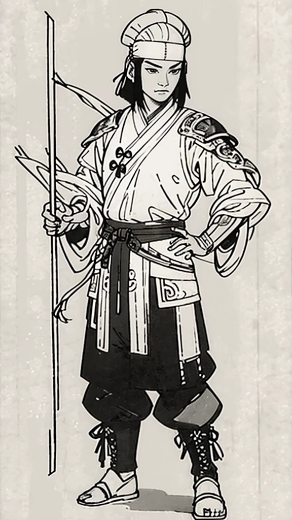 (((Monochrome)))、(((Ink Painting)))、((ancient China、Tie your hair、Handsome young man wearing a white swimming cap))、Holding a long stick in his arms、(((Hands on hips))),Line art、Oriental、Ultra-high resolution、Game Poster、Crisp and beautiful image quality、whole body ,(ancient China鎧, Dragon head on shoulder, (ancient China鉄鎧 with intricate pattern:1.2), gloves, Long trousers, (Very detailed, bloom:1.5), (Highest quality, Concept Art, 4K), (analog:1.2), (high sharpness), (Detailed pupil:1.1), Detailed face and eyes, masterpiece, Highest quality,8k, (Black Hair, Dynamic Short Hair), (PurerosFace_v1:0.2), [:(Detailed face:1.2):0.2], sharp, Realistic Shadows,  