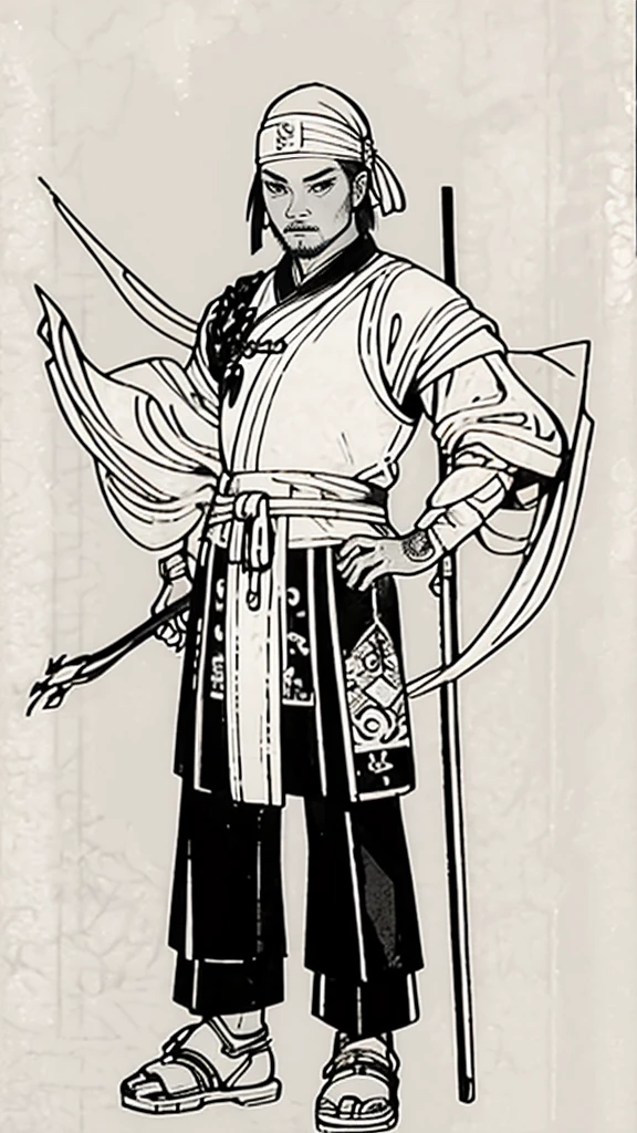 (((Monochrome)))、(((Ink Painting)))、((ancient China、Tie your hair、Handsome young man wearing a white swimming cap))、Holding a long stick in his arms、(((Hands on hips))),Line art、Oriental、Ultra-high resolution、Game Poster、Crisp and beautiful image quality、whole body ,(ancient China鎧, Dragon head on shoulder, (ancient China鉄鎧 with intricate pattern:1.2), gloves, Long trousers, (Very detailed, bloom:1.5), (Highest quality, Concept Art, 4K), (analog:1.2), (high sharpness), (Detailed pupil:1.1), Detailed face and eyes, masterpiece, Highest quality,8k, (Black Hair, Dynamic Short Hair), (PurerosFace_v1:0.2), [:(Detailed face:1.2):0.2], sharp, Realistic Shadows,  