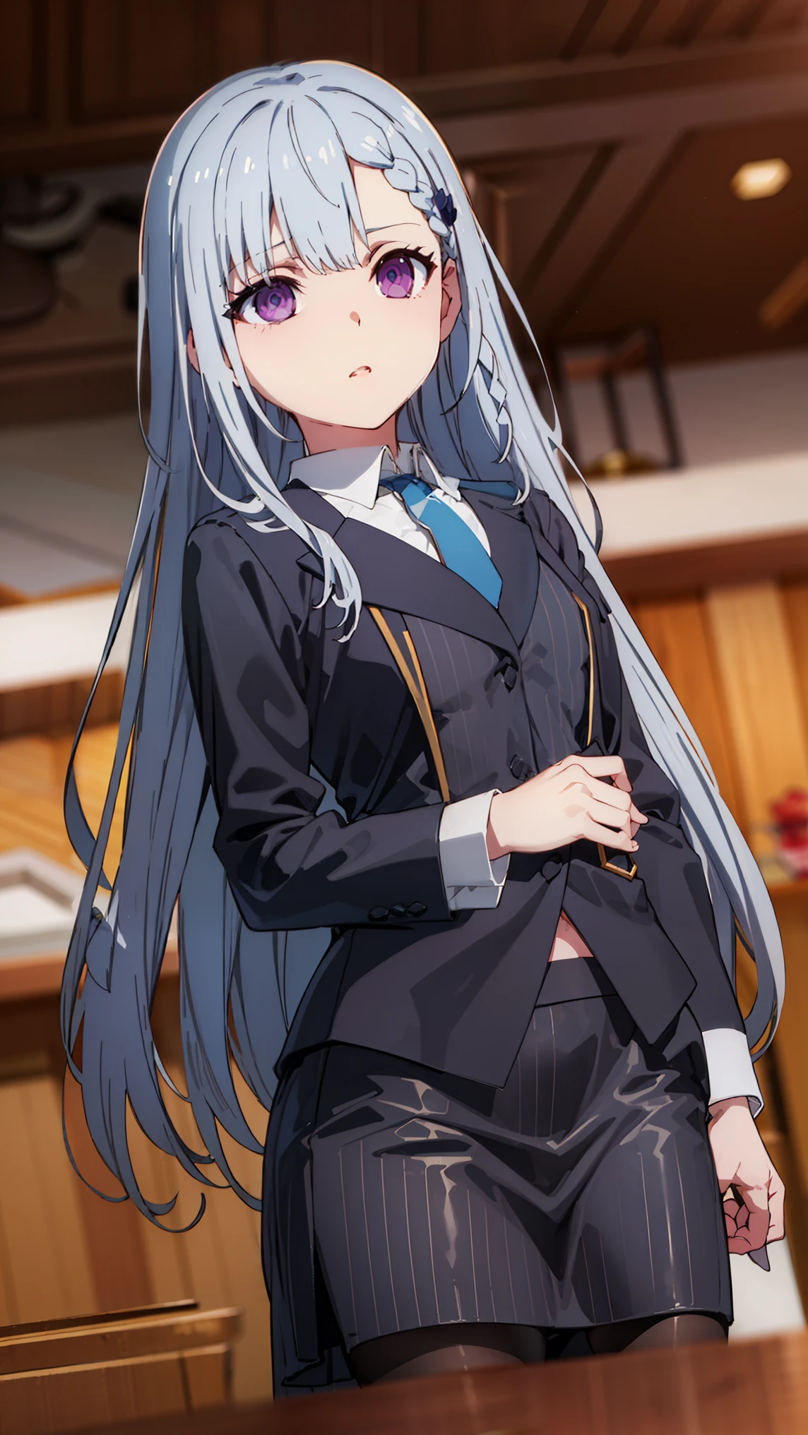 {euphyllia_magenta_tenseioujototensaireijounomahoukakumei:1.15}, purple_eyes, long_hair, bangs, grey_hair, braid, bow, blurry, hair_bow, hair_ornament, 1girl, 
BREAK (pinstripe suit, black suit, collared shirt, pinstripe skirt, black pantyhose:1.2), BREAK Face forward and show your navel to this side、standing straight ahead.Front Angle、lowrise.Midriff、Expand the navel with your fingers、Navel,
BREAK (masterpiece:1.2), best quality, high resolution, unity 8k wallpaper, (illustration:0.8), (beautiful detailed eyes:1.6), extremely detailed face, perfect lighting, extremely detailed CG, (perfect hands, perfect anatomy),