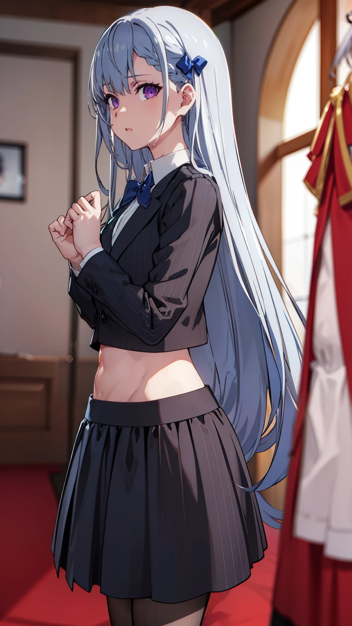 {euphyllia_magenta_tenseioujototensaireijounomahoukakumei:1.15}, purple_eyes, long_hair, bangs, grey_hair, braid, bow, blurry, hair_bow, hair_ornament, 1girl, 
BREAK (pinstripe suit, black suit, collared shirt, pinstripe skirt, black pantyhose:1.2), BREAK Face forward and show your navel to this side、standing straight ahead.Front Angle、lowrise.Midriff、Expand the navel with your fingers、Navel,
BREAK (masterpiece:1.2), best quality, high resolution, unity 8k wallpaper, (illustration:0.8), (beautiful detailed eyes:1.6), extremely detailed face, perfect lighting, extremely detailed CG, (perfect hands, perfect anatomy),