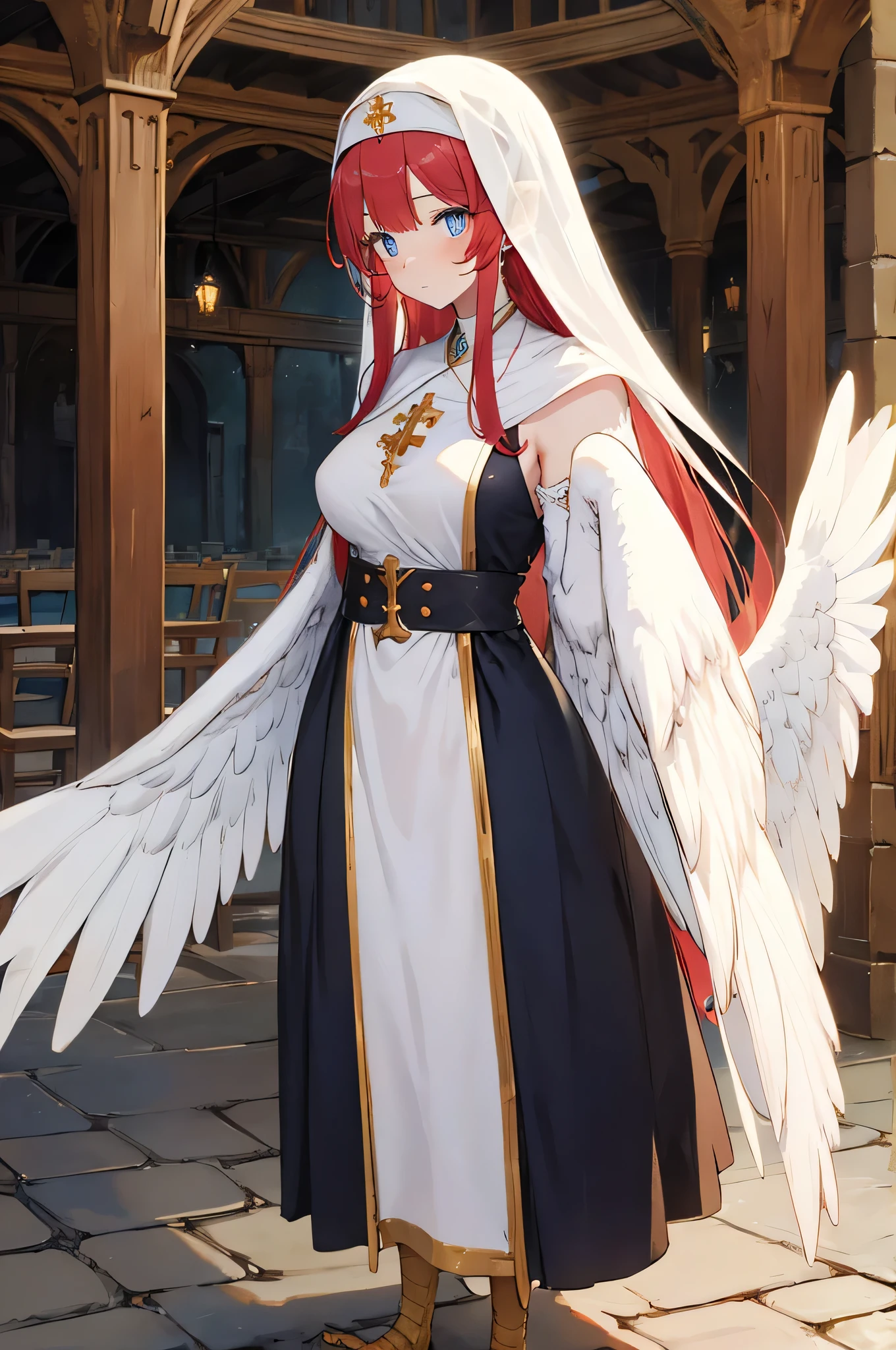 4K,High resolution,One Woman,Harpy,Red Hair,long hair,Blue Eyes,Big Breasts,White Wings,Golden toenails,Nuns,Nunsのドレス,White Veil,Jewelry decoration,Medieval town,In front of the church