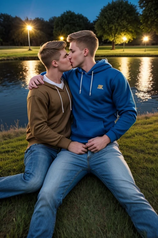 Two men, photo realistic. A 16-year-old, handsome, lean man with short-cut, blond hair and blue eyes, wearing a brown sweatshirt, and khaki pants, sitting in the lap of a 17-year-old, handsome, athletic, Caucasian man with short, shaved brown hair, and blue eyes, wearing a blue and yellow jersey, and jeans, kissing, groping each other, laying on a grassy field, by a pond in a large city park, at night. Masculine, erotic, sexy, romantic, love, huge bulge.