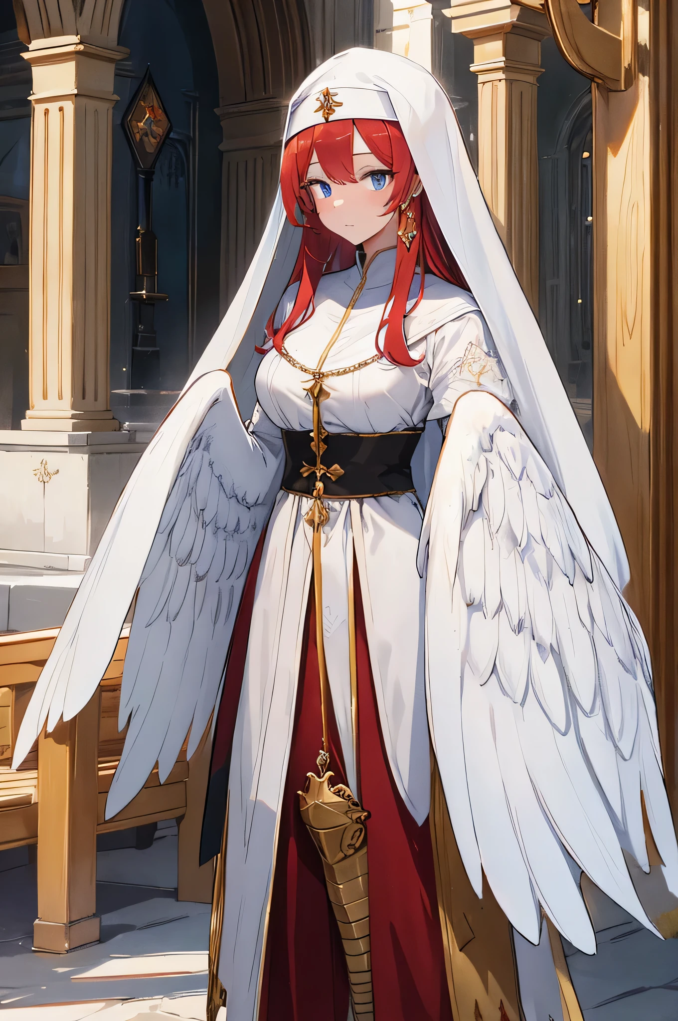 4K,High resolution,One Woman,Harpy,Red Hair,long hair,Blue Eyes,Big Breasts,White Wings,Golden toenails,Nuns,Nunsのドレス,White Veil,Jewelry decoration,Medieval town,In front of the church