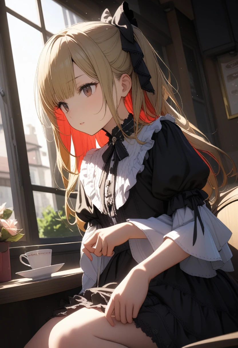 15-year-old girl, ((gothic lolita fashion))、(Golden hair color、Red inner color hairstyle、Hair expressed with a delicate touch), Beautiful Hair, Facial Contour, Remember, Cafe, splash, Lens flare、sunlight、illumination、Natural Color, High resolution, Very delicate, Very detailed, 8k,(Breast size around B cup)、Shyness,((Sexual)),((Sexy feeling)),Angle of view from the foot