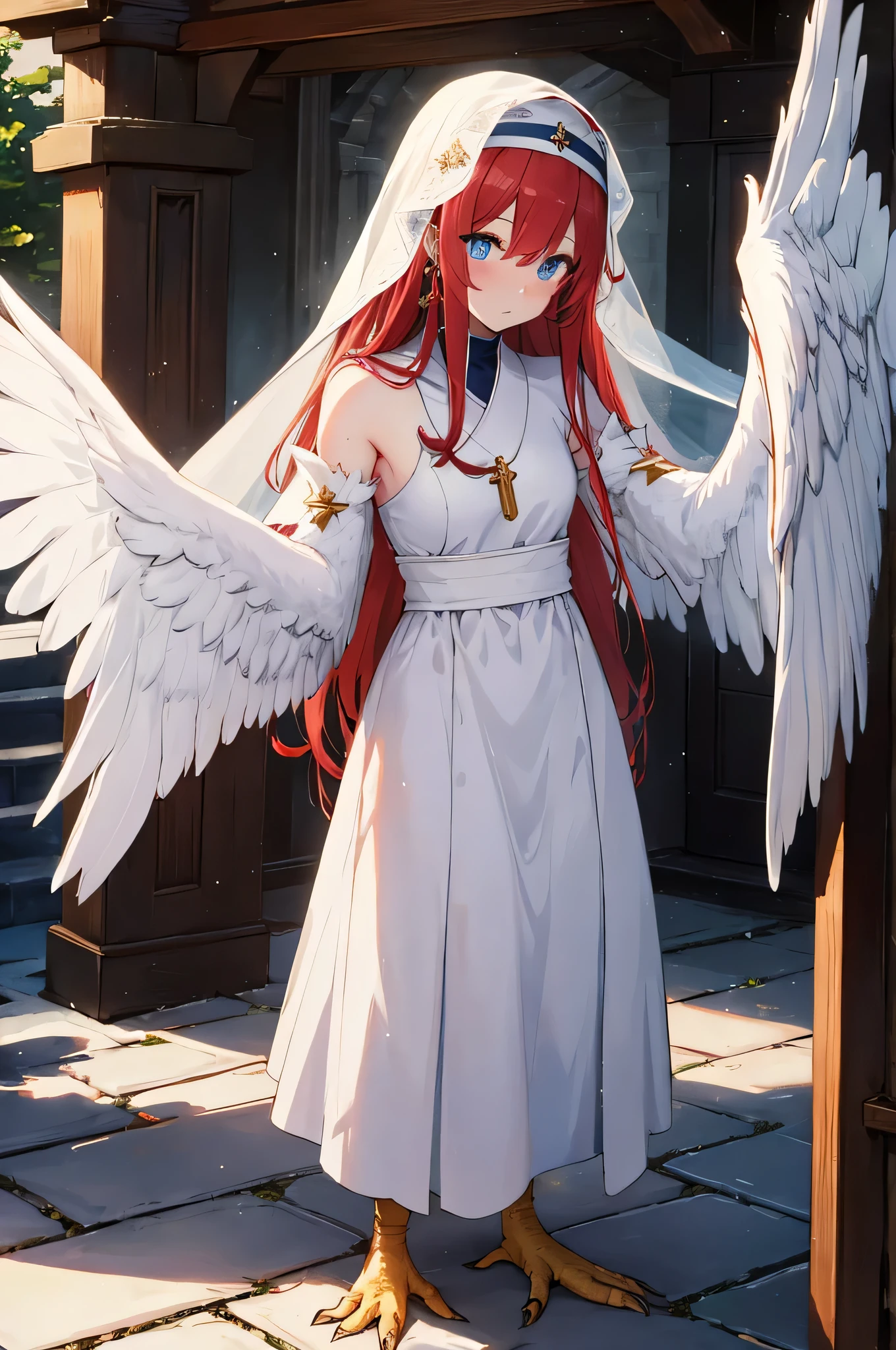 4K,High resolution,One Woman,Harpy,Red Hair,long hair,Blue Eyes,White Wings,Golden toenails,Nuns,Nunsのドレス,White Veil,Jewelry decoration,Medieval town,In front of the church