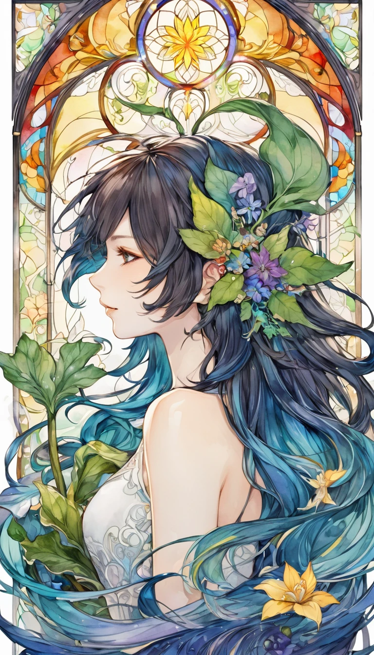 Playing with the tides,Luxray, Split Color Hair, Wind, 舞い散るflowerびら, Stained Glass AI, Decorative, Intricate details, Dukhkova, 2D, Line art, watercolor, ink watercolor, Random color hair, Super long hair, Wavy, One girl,Mandrake,flower, Mandrake,  