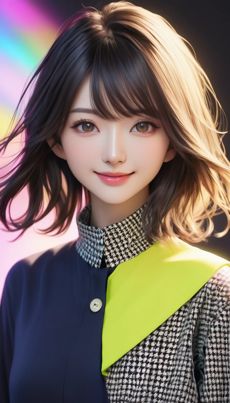 Beautiful Japanese Woman, soft skin and perfect face, A small face with a nose and rosy lips, Beautiful Eyes, Beautiful smile. black, Surrounded by a bright, ethereal glow、Thin, long, beautiful hair. A loose, medium hairstyle with gradation highlights and grey layers, Navy band collar shirt x yellow houndstooth flare skirt, Bright neon colorful background, Hyperrealistic female photos, High quality high resolution 8K masterpiece