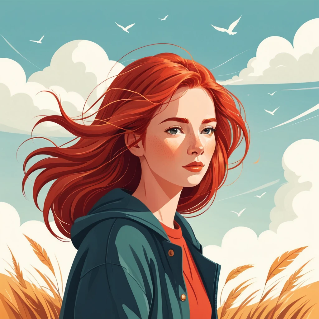 A flat style illustration a red-haired woman with hair blowing in the wind, a woman. She is thoughtful..by Kathrin Honesta