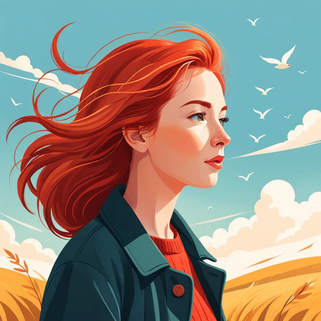A flat style illustration a red-haired woman with hair blowing in the wind, a woman. She is thoughtful..by Kathrin Honesta