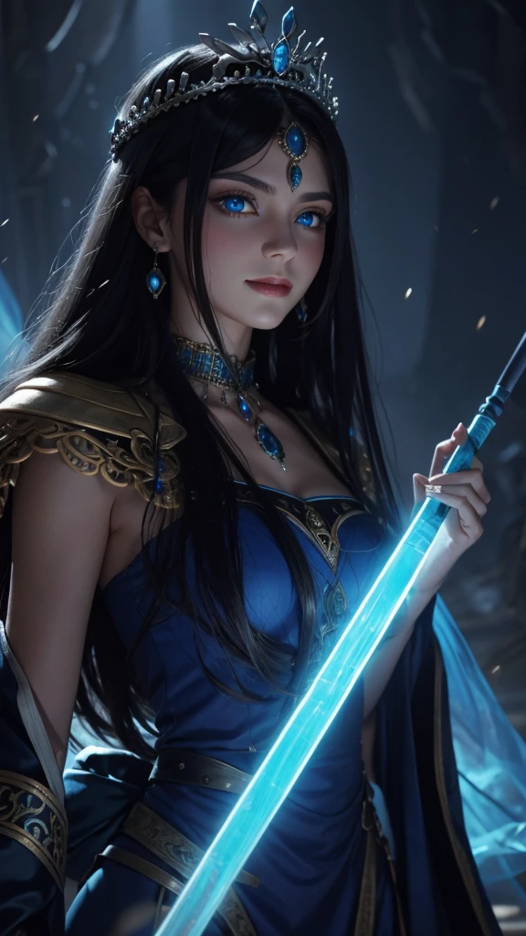 A close-up of a 17-year-old, extremely beautiful female face resembling Semiramis with intensely glowing blue eyes emitting blue light and red lips, displaying a cold smile. She has long black hair and is wearing a blue dress and an ornate blue crown. The scene is highly realistic and rendered in 8k resolution, The background is an ancient battlefield