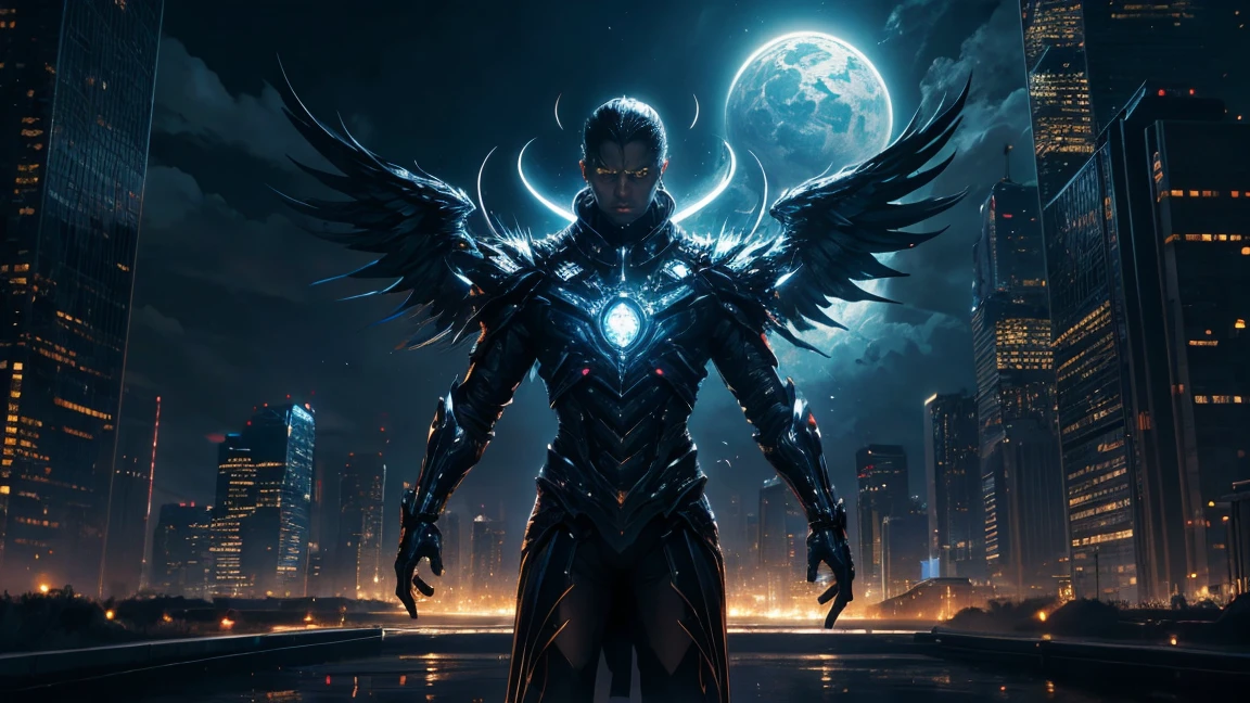 ((masterpiece, Highest quality, Best image quality, High resolution、4k)) A beautiful giant angel in evil black、very beautiful、Glowing black giant wings、Glowing halo、Glowing Black Cyber Robe、god々Shining with a bright light。Shiny advanced cybernetic enhancements. Seen in dynamic action poses, reflection on a smooth surface. The cityscape below looks small, filled with towering skyscrapers, illuminated by colorful holographic advertisements, Shining with blue energy, Mighty power. 全体的にgod秘的でミステリアスな雰囲気です, It had a futuristic techno vibe.. The lighting is dramatic, Intense highlights and deep shadows, Creates depth and tension、