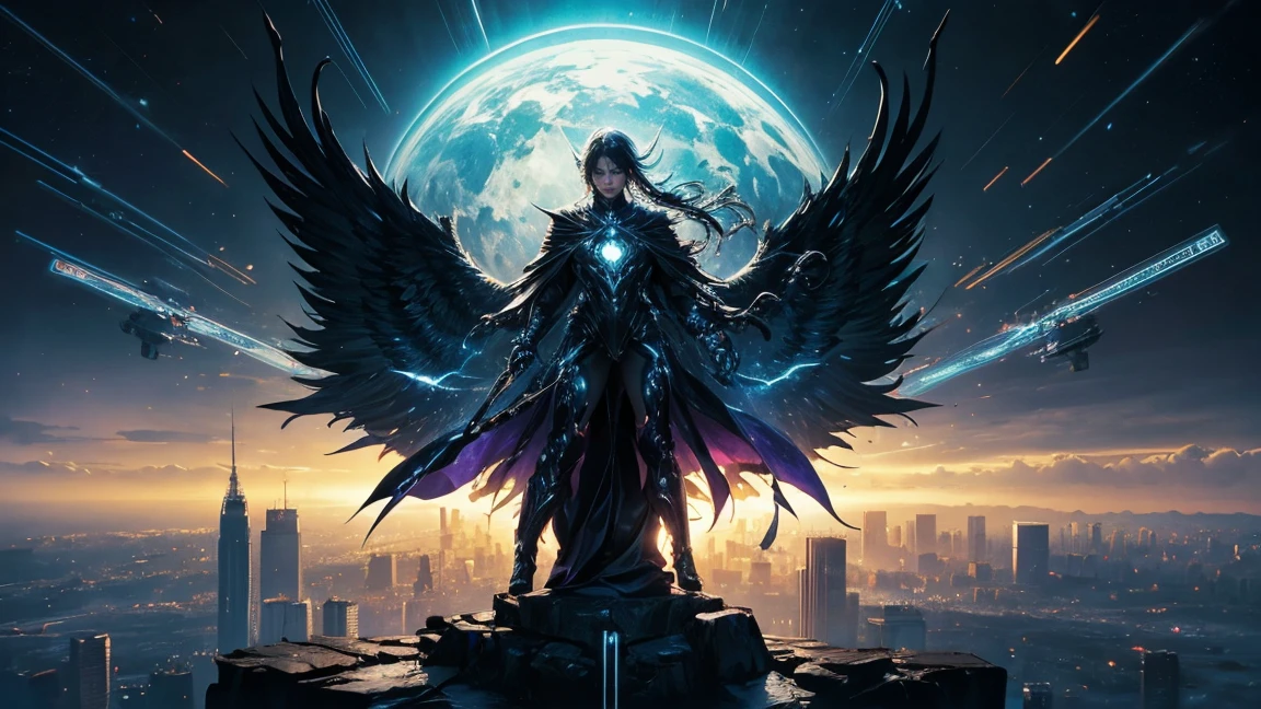 ((masterpiece, Highest quality, Best image quality, High resolution、4k)) A beautiful giant angel in evil black、very beautiful、Glowing black giant wings、Glowing halo、Glowing Black Cyber Robe、god々Shining with a bright light。Shiny advanced cybernetic enhancements. Seen in dynamic action poses, reflection on a smooth surface. The cityscape below looks small, filled with towering skyscrapers, illuminated by colorful holographic advertisements, Shining with blue energy, Mighty power. 全体的にgod秘的でミステリアスな雰囲気です, It had a futuristic techno vibe.. The lighting is dramatic, Intense highlights and deep shadows, Creates depth and tension、