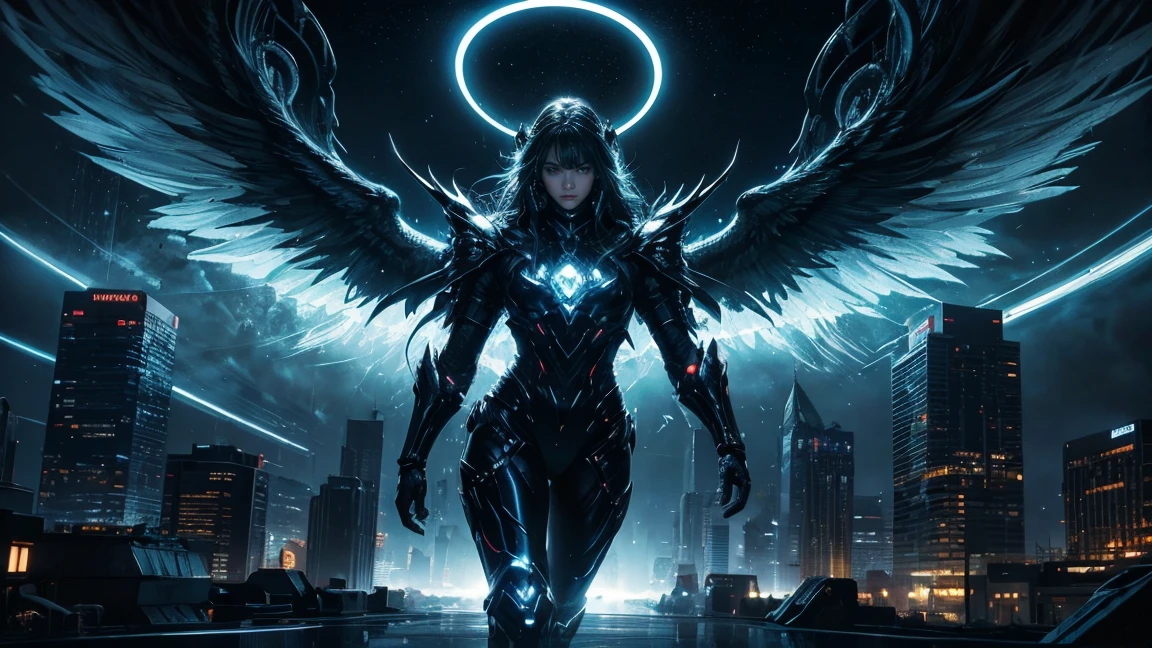 ((masterpiece, Highest quality, Best image quality, High resolution、4k)) A beautiful giant angel in evil black、very beautiful、Glowing black giant wings、Glowing halo、Glowing Black Cyber Robe、god々Shining with a bright light。Shiny advanced cybernetic enhancements. Seen in dynamic action poses, reflection on a smooth surface. The cityscape below looks small, filled with towering skyscrapers, illuminated by colorful holographic advertisements, Shining with blue energy, Mighty power. 全体的にgod秘的でミステリアスな雰囲気です, It had a futuristic techno vibe.. The lighting is dramatic, Intense highlights and deep shadows, Creates depth and tension、