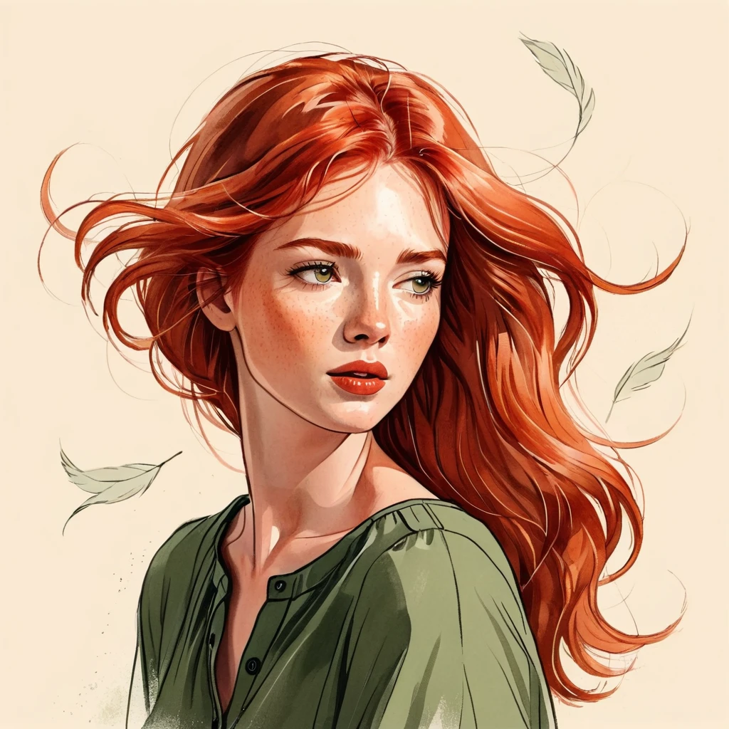 A fashion drawing style illustration, a red-haired woman with hair blowing in the wind, a woman. She is thoughtful. Kathrin Honesta