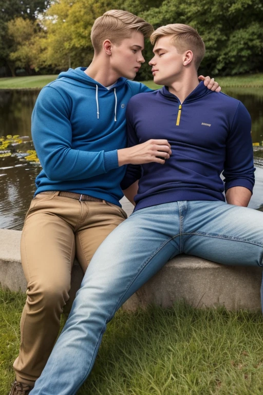 Two men, photo realistic. A -yeld, hsome, lean man with short-cut, blond hair and blue eyes, wearing a brown sweatshirt, and khaki pants, sitting in the lap of a 17-year-o, home, letic, Caucasian man with short, shaved brown hair, and blue eyes, wearing a blue and yellow jersey, and jeans, kissing, groping each other, laying on a grassy field, by a pond in a large city park, at night. Masculine, erotic, sexy, romantic, love, huge bulge.