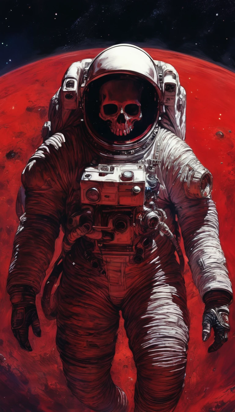 Astronaut, skull face, floating in the abyss of space, dark, red of background, (full body), (masterpiece, best quality:1.2), art by Enki Bilal