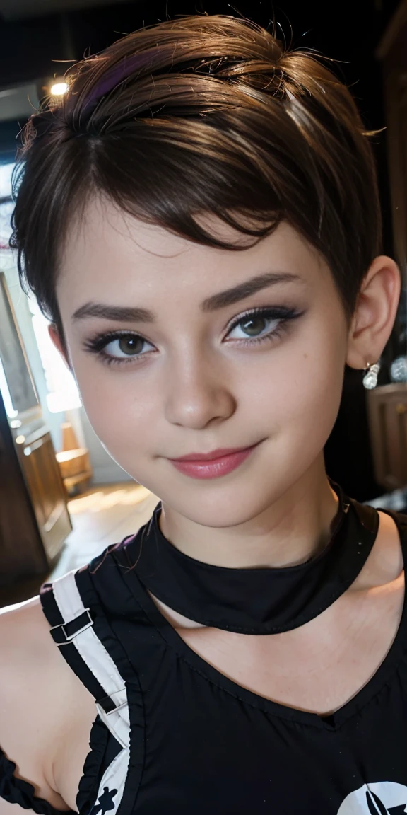 Photo of a 17-year-old European girl, .RAW, beautiful woman,pecas en mejillas ,hermosos  ojos azules(Light brown hair pixie haircut),corte de cabello pixie ((retrato)), ((Cara detallada:1.2)), ((Detailed facial features)), (Piel finamente detallada), Pale skin,parque, Noria de Londres、Purple sleeveless t-shirt with skull image ,senos grandes , Lilac skirt with checkered images, Loose white belt, Long boots with heels ,lindo maquillaje, Purple eyeshadows on eyelids ,Un sexy(cool color), humid, humid, Reflectores, (Masutepiece) (proporciones perfectas)(fotos realistas)(La mejor calidad) (Detallado) fotografiado con una EOS R5 de Canon, Lente de 50 mm, f/2.8, NffSW, (8k) (papel tapiz) (cinematic lighting) (Dramatic lighting) (sharp focus) (Enrevesado) linda sonrisa , alegre , tocando guitarra electrica , senos medianos 