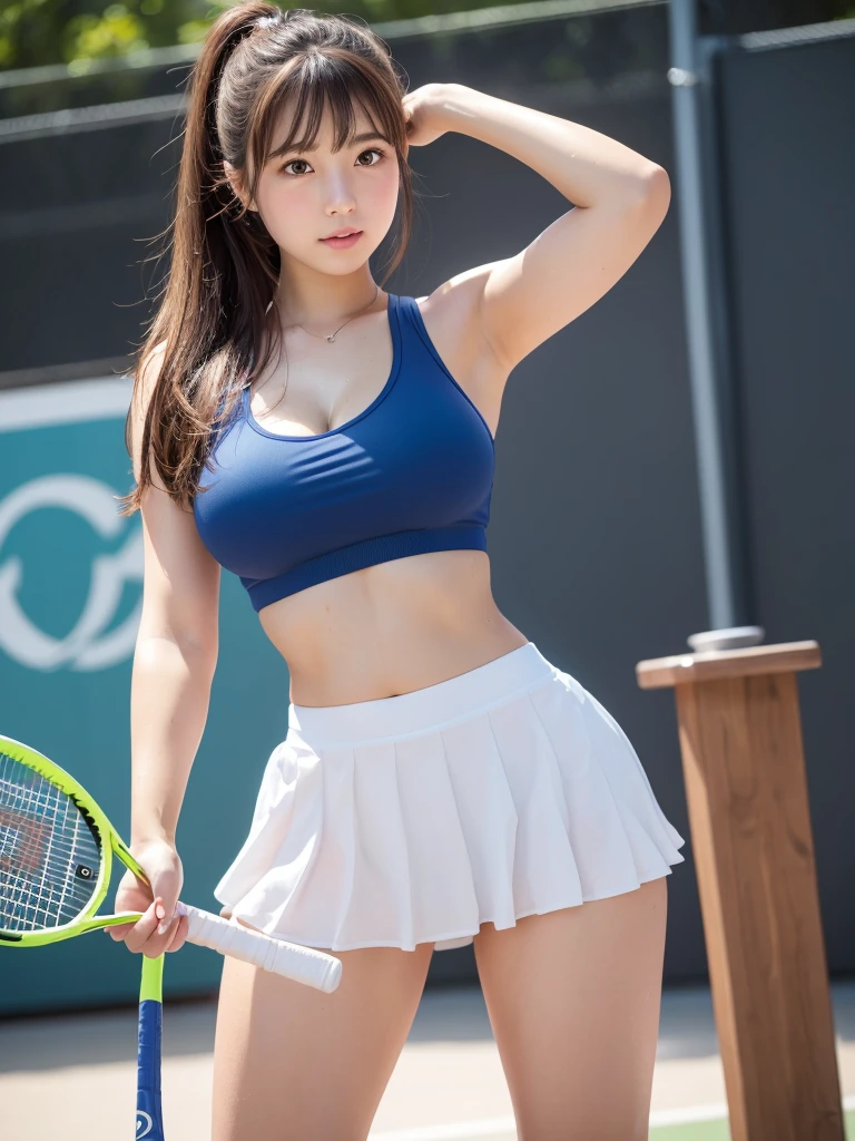 Blue Tennis Wear, (No underwear:1.2), White sneakers, swing tennis racket, Tennis ball, Tennis court, Sweaty smell, locker room, (Highest quality) , ((Very detailed)) , 4K , (8k) , masterpiece, Very detailedな, Highest quality, Super Resolution, sexy, 18-year-old girl, (Height: 152cm), 1 person, Very beautiful face, Cute type, Big Natural Color Lip, Big and pretty eyes, Brown eyes, Obvious double, Small and cute nose, Soft long hair, bangs, Brown Hair, Beautiful hands, finger is five, positive, Crying a little, Blue pleated micro mini skirt, Soft Light, RAW quality, Soft Skin, (Glowing Skin, Sweaty: 1.4) , Beautiful legs, Voluptuous thighs, Plump body, Huge breasts, (Expresses the roundness and softness of the chest area........1), Beautiful body, (A perfect feminine figure, Accurate joint movement), (Provocative dynamic pose), Skirt flip, Browsing Caution, (Spreading pussy:1.2)