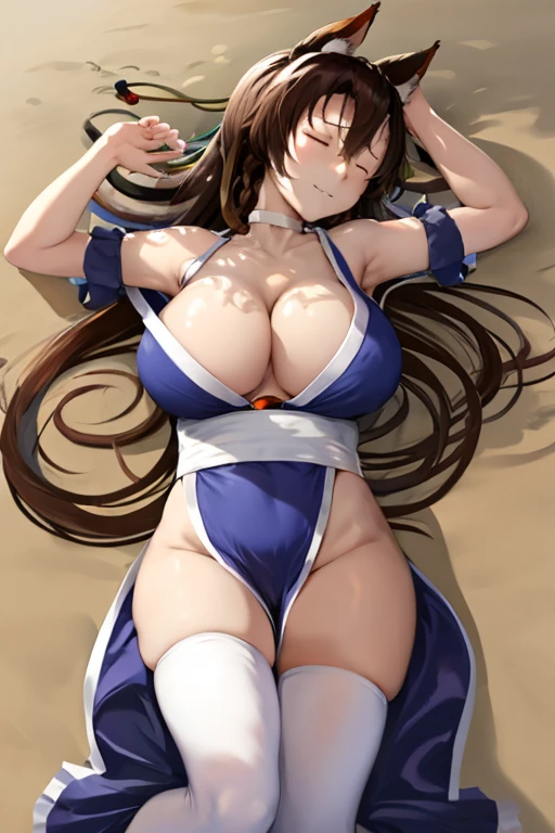 masterpiece, best quality, beautiful art, high resolution, well formed hands, body and fingers, 1 woman, solo, Imaizumi Kagerou, wolf ears and wolf tail, hair ornament, adult, grown up, big breasted, cleavage, full body, braided long hair, blue_japanese_clothes, wearing DOA Kasumi's blue kunoichi dress, sexy and skimpy japanese clothes, kimono peek, sleeveless, white stockings, gorgeous legs and thighs,ryona,in peril, she is defeated, knocked out, passed out, closed eyes, exhausted, unconscious, laying down on the sand, extended exposed body, full body on the sand, breathing heavily, sexy smirk on her face, bouncing breasts, sexy defeated pose, defeat and KO scene, fallen beauty, martial arts tournament with beach environment