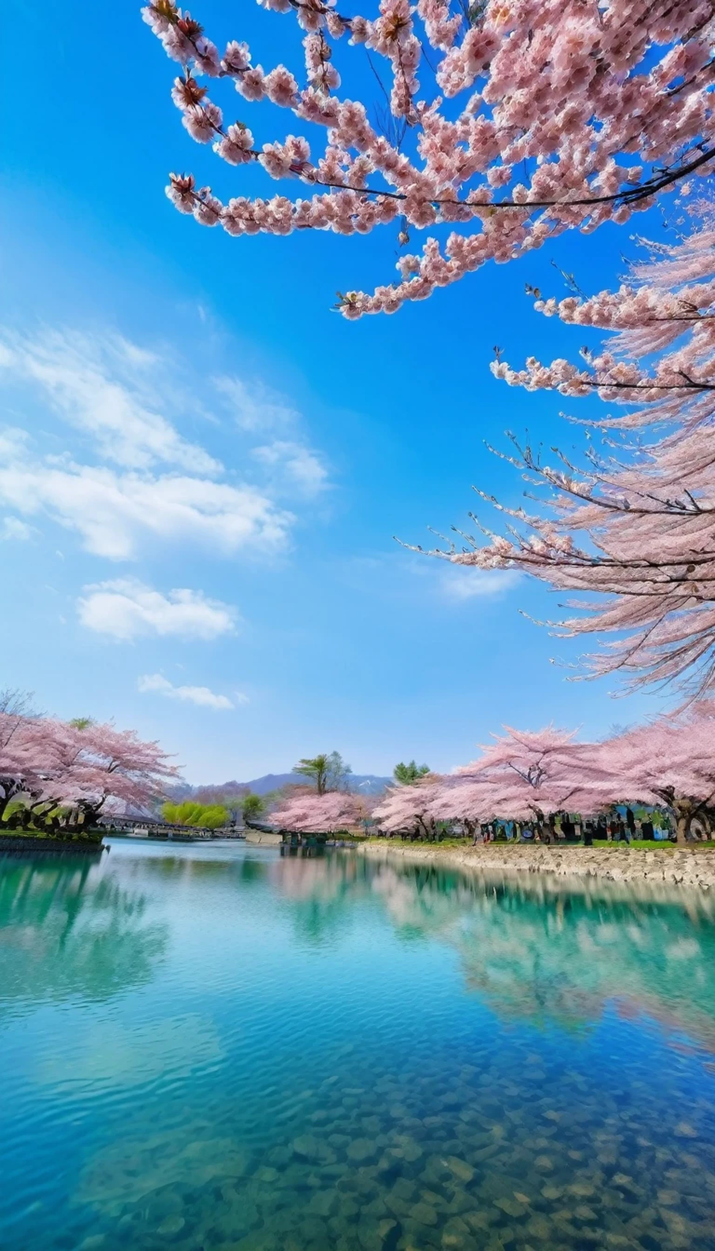 A beautiful tranquil biq serene lake aqua blue , beautiful scenery view , water ripple , Sakura trees , low angle view , landscape view , professional photo
