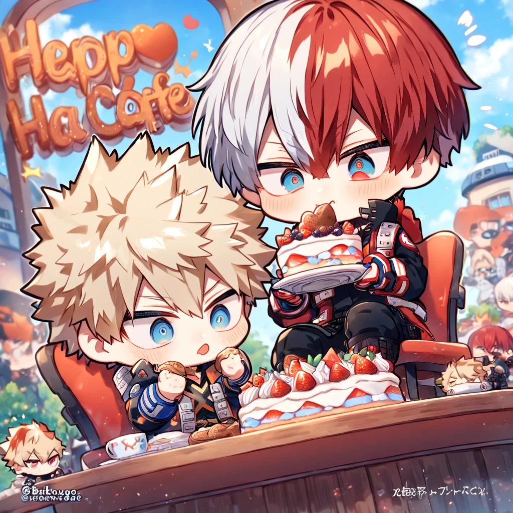 absurdres, highres, ultra detailed, HDR, master piece, best quality, extremely detailed, Todoroki Shouto chibi, bicolored hair, right side of the hair white, left side of the hair red, expressive blue eyes, Boku No Hero Academia, Bakugo Katsuki chibi, ash-blonde hair, expressive red eyes, two boy sitting together, gay couple, yaoi, cute, hero clothes, magical, cafe, table, chairs, eating, cake
