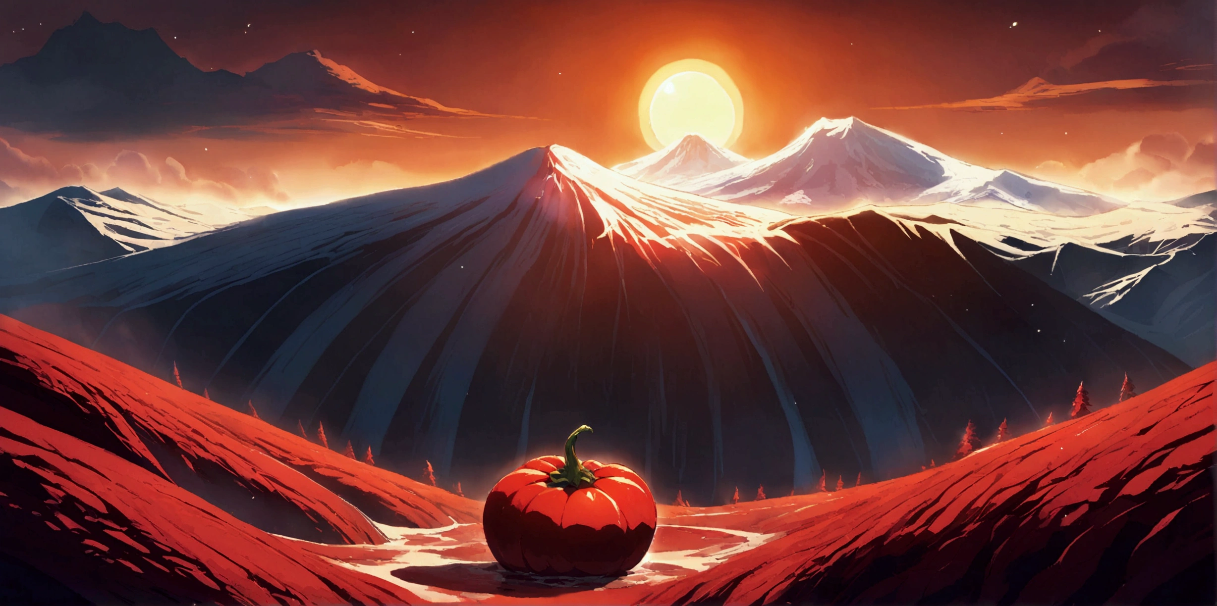 ultra wide landscape flooded with light moebius style, giant Red chilis, large tomato, sun, mt hood, waterfall