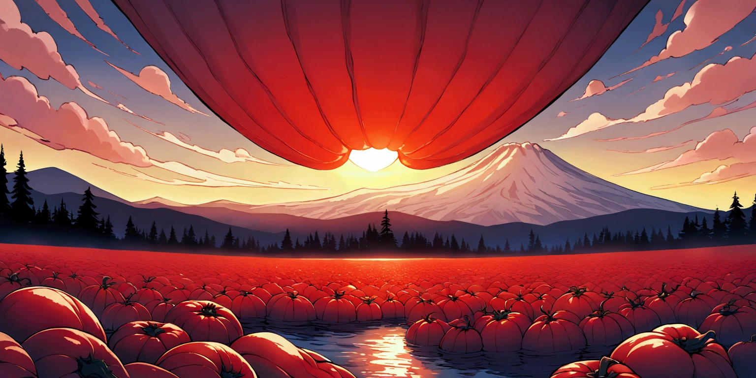 ultra wide landscape flooded with light moebius style, giant Red chilis, large tomato, sun, mt hood, waterfall