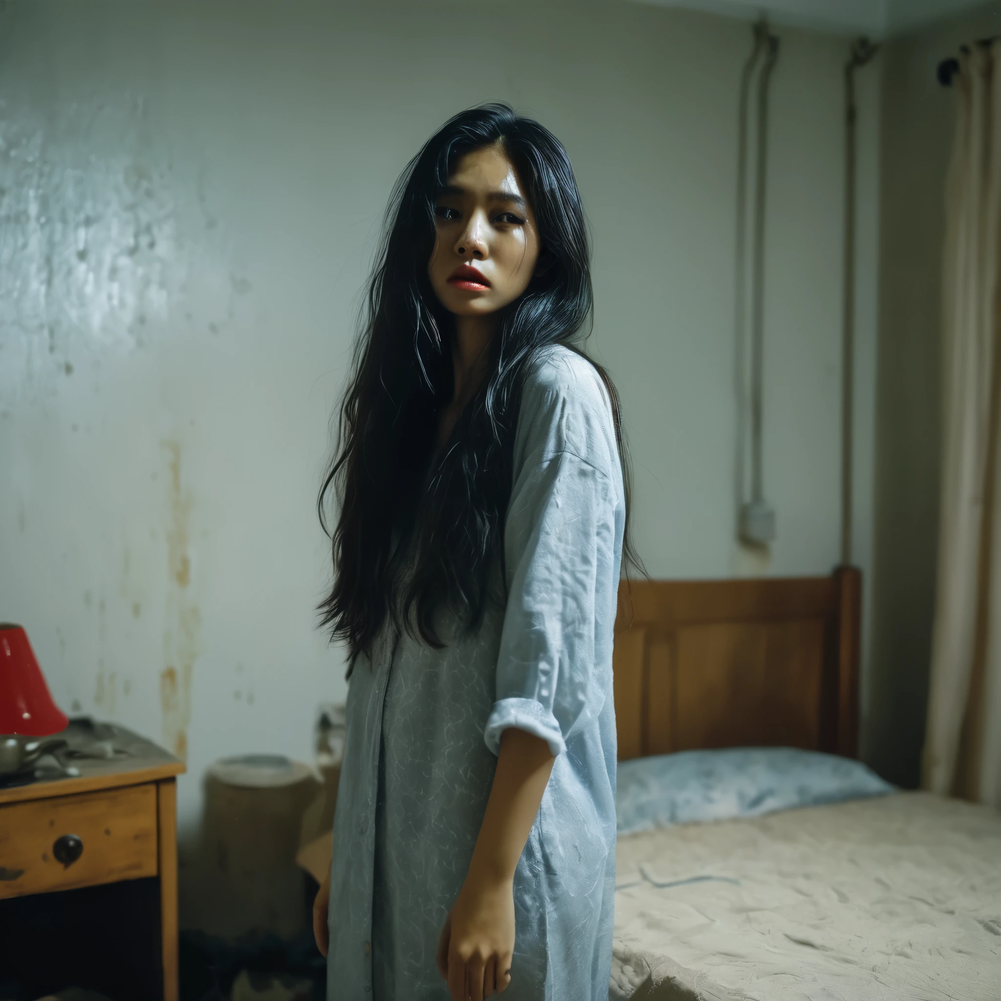 ultra realistic photography, hyper realistic photo full body shot. night time, low light. a malays female student, wet messy long hair covered face. standing besides a bed in the corner of a female dormitory room. Looking incredibly sad and messy, hardly crying, creepy, spooky look. detailed deep colour horror film still. cinematic horror film, asian horror film, professional film colour grading, foggy feel, particle dust effects.