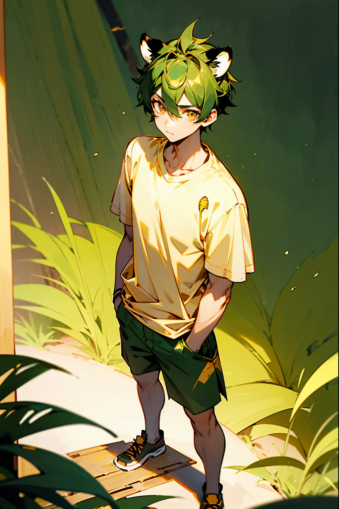 1male, dark green hair, gold eyes, wearing a white t-shirt with a tiger emblem, khaki shorts, standing on a path, sunny savanna with tall grass, masterpiece, 8k.