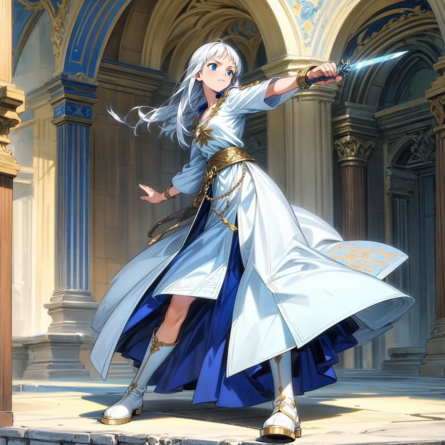 Solo character, girl, full body version, white hair, long haircut, blue eyes, Ancient greek tunic clothing, white color clothing, boots, Grassroots, full background in indoor Castle, (one piece style art), battle gesture, Sword in hand