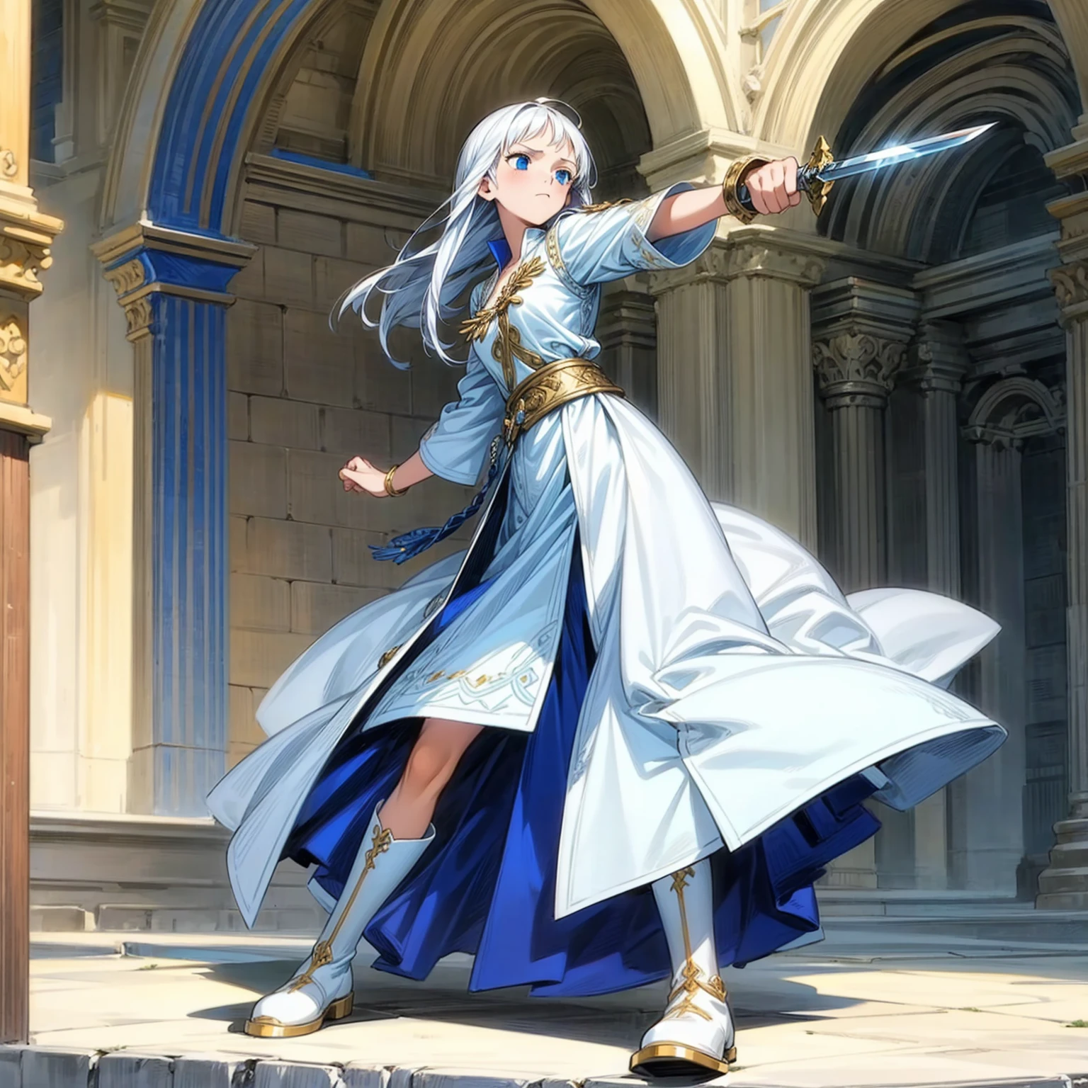 Solo character, girl, full body version, white hair, long haircut, blue eyes, Ancient greek tunic clothing, white color clothing, boots, Grassroots, full background in indoor Castle, (one piece style art), battle gesture, Sword in hand