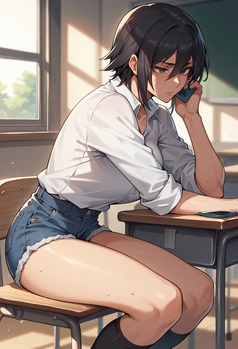 shirase sakuya,Denim shorts,Black knee socks,White shirt with rolled up sleeves,Black Hair,short hair,boyish,classroom,Telephone,Sweat,