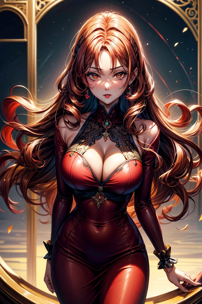 highest quality, ultra high resolution, super detailed, gorgeous, masterpiece, best quality, high resolution finely detailed, extremely beautiful, distinct image, glistening caramel brown skin, piercing golden eyes, curly fiery red hair, slender alluring older woman, 40 years old, elegant long empress dress, (((MILF))), 1 woman, solo, sharp facial features, empress like aura and majesty, symmetrical shaped face, fiery red lips, medium height(174cm), slender and thick, toned body type, Gothic modern city setting