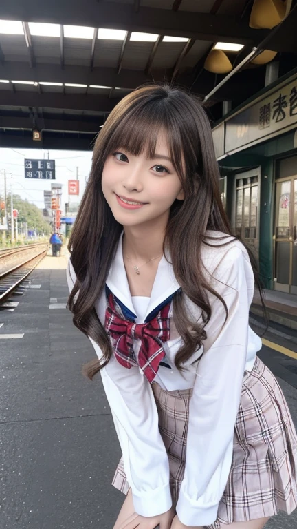 expensive resolution, RAW Photos, Realistic, Very delicate and beautiful, 非常に詳細 CG unity 8k wallpaper, Very detailed, (expensiveest quality, 8k, 32K, masterpiece, 超expensive resolution:1.2), cute japanese model pictures, expensive ,(White Sailor Suit 1),Tartan plaid skirt, Tartan check tie,Beautiful Face, Downward,Long one-length long hair, Standing on the station platform, 1６Year,Young and cute gravure idol,Duck face,teeth, pork, Thighs,View your audience,150cm,nice smile、