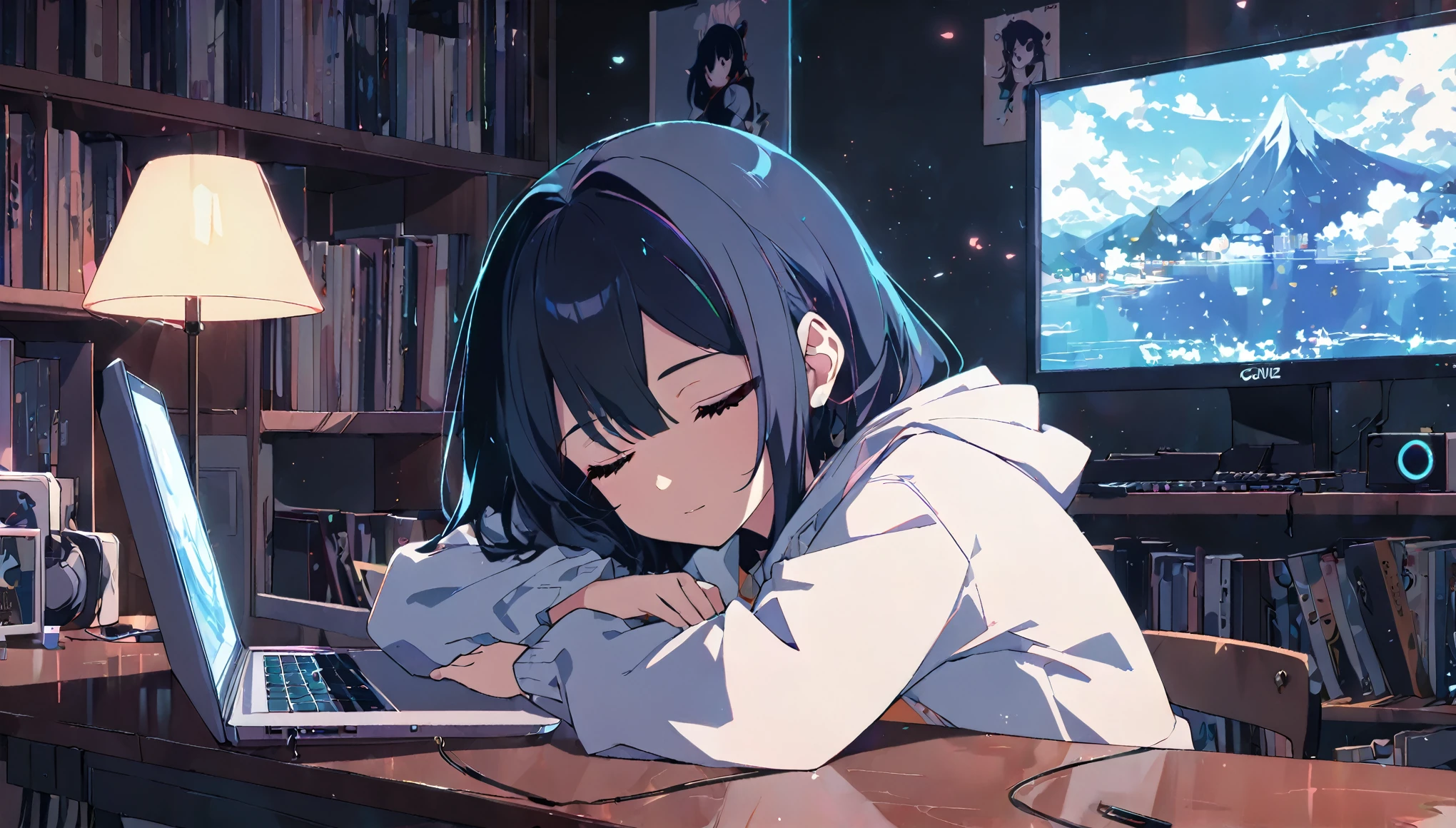 Anime girl sleeping on a desk with a laptop, Nightcore, Lo-fi art style, LOFI Girl, Anime Style 4k, Anime Aesthetics, Anime atmosphere, anime art wallpaper 4k, anime art wallpaper 4k, Lo-fi feeling, relaxed mood, Gweiz-style artwork, Portrait of Rofi,8k