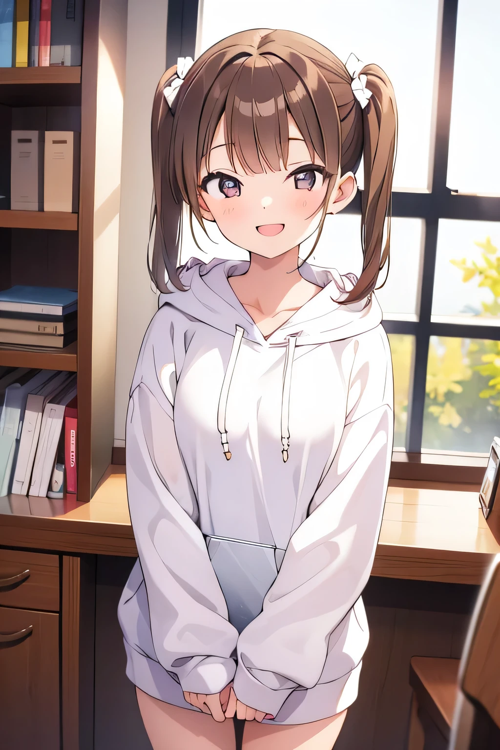 17-year-old girl、Brown hair, short twin tails、A mischievous smile、Wearing a white hoodie、In front of the study