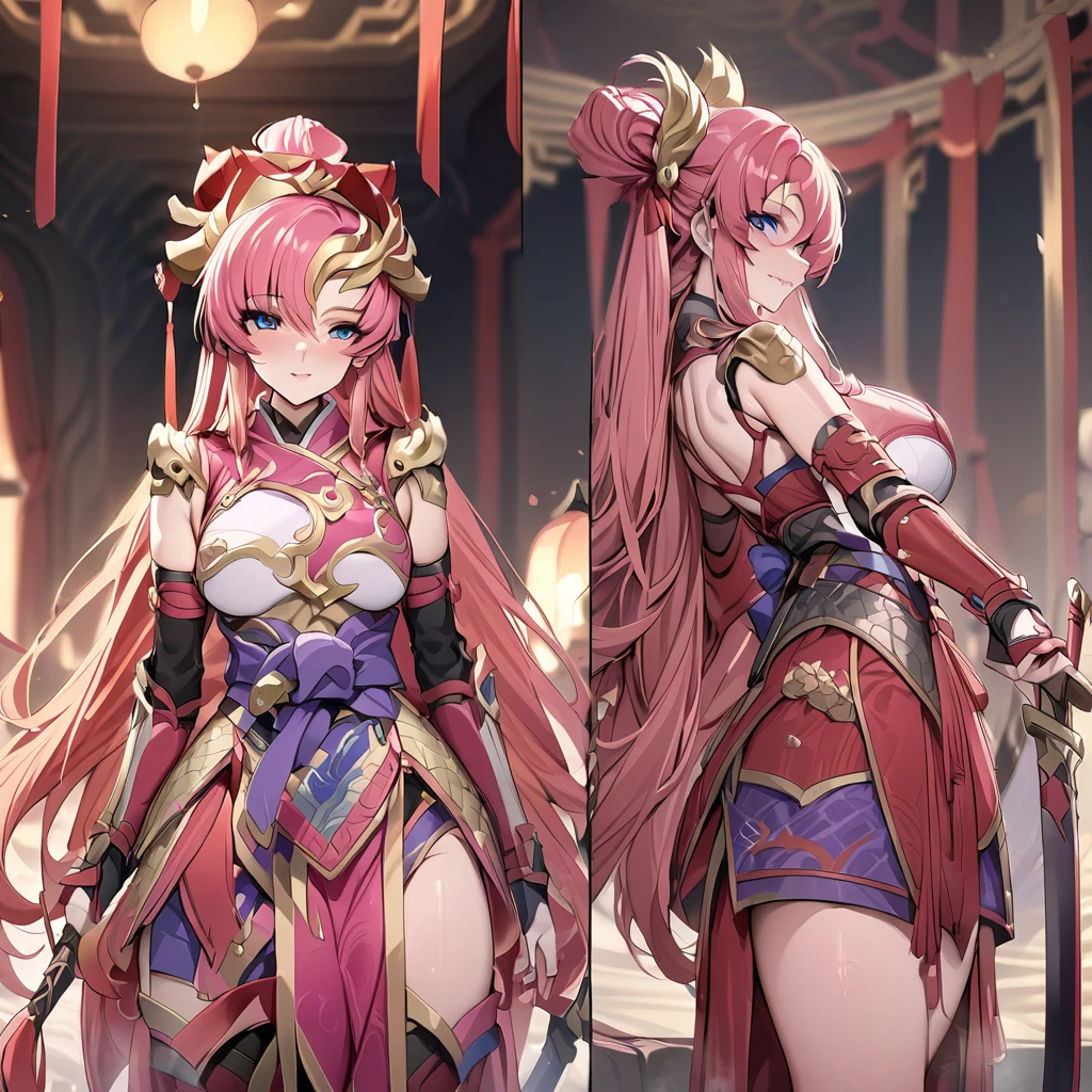 ((Highest quality)), ((masterpiece)), (detailed), (Perfect Face)、The female ancient Chinese warrior is Lacus Clyne, with blue eyes, pink semi-long hair, and is wearing luxurious ancient Chinese warrior equipment, a sword, and a luxurious headdress.、There are beautiful female warriors in the palaces of ancient China