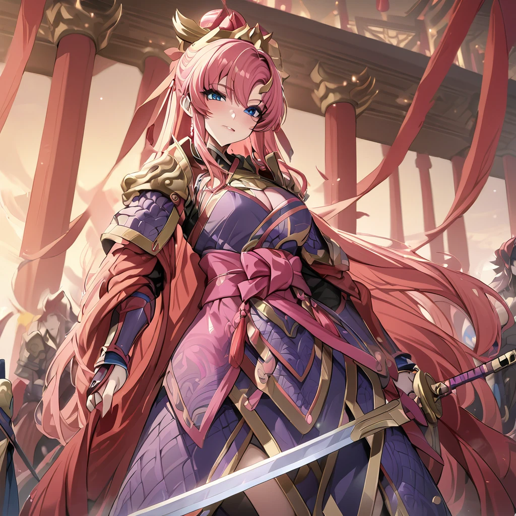 ((Highest quality)), ((masterpiece)), (detailed), （Perfect Face）、The female ancient Chinese warrior is Lacus Clyne, with blue eyes, pink semi-long hair, and is wearing luxurious ancient Chinese warrior equipment, a sword, and a luxurious headdress.、There are beautiful female warriors in the palaces of ancient China