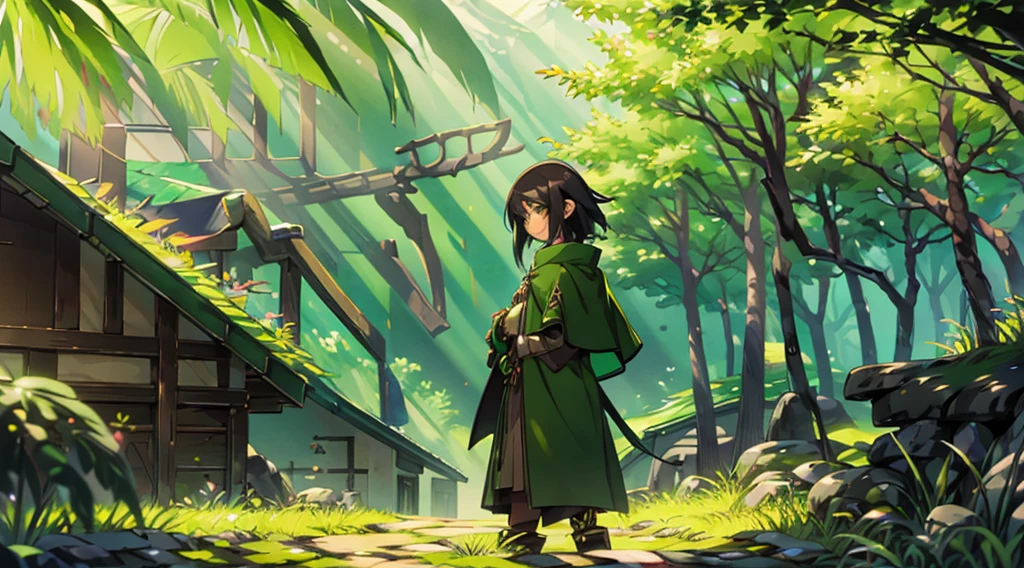 yuichiro hyakuya girl, (WithoutFear:1), 1 girl, black hair, green eyes, brown coat, gray armor, elves, sylvan, green shield, green cloak, dark brown gloves, forest, white fur trim, anime, standing, good quality, portrait, looking at viewer