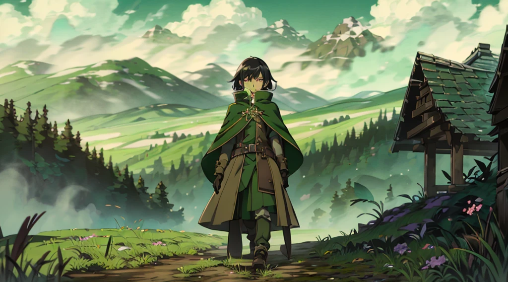 yuichiro hyakuya girl, (WithoutFear:1), 1 girl, black hair, green eyes, brown coat, gray armor, elves, sylvan, green shield, green cloak, dark brown gloves, forest, white fur trim, anime, standing, good quality, portrait, looking at viewer