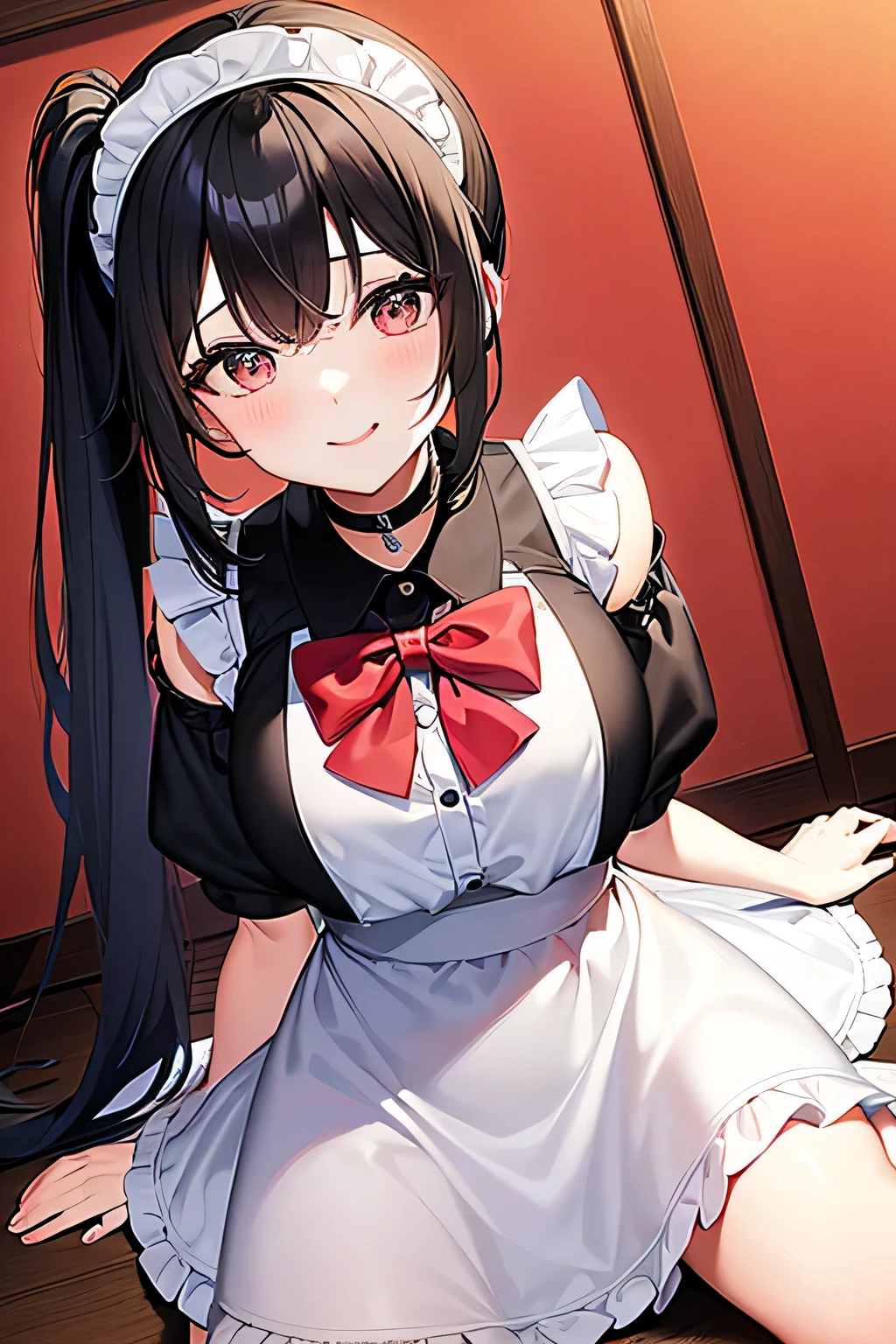 Private Maid, (compensate:1.2), Twin tails, Very long hair, Cat ear, Maid&#39;s Headdress, Hair Clip, Cleavage, Huge breasts, Neck bell, bow, ((Maid Apron)), White gloves, elbow gloves, Garter Straps, White knee socks, corruption, Hollow Eyes, Half-closed eyes, Wicked Smile, No students, Grin, Open your mouth, One girl, Mature Woman, Married women, (Dark Magical Girl), Dark Theme, Dark person