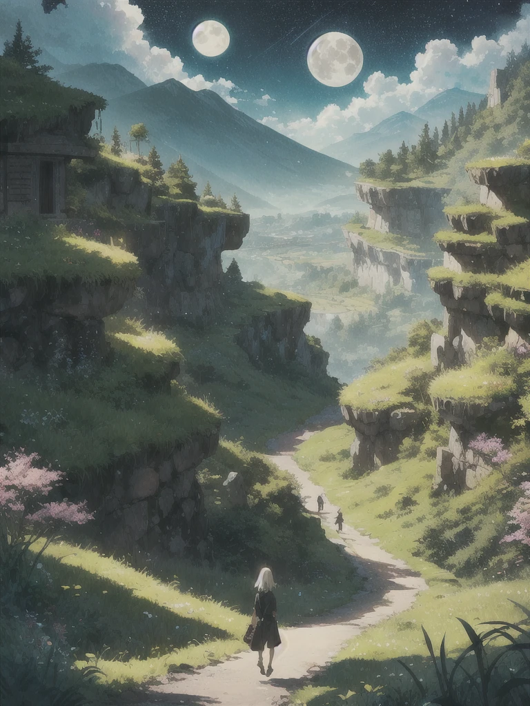 anime-style illustration, A serene landscape featuring a young woman standing on a path, overlooking terraced mountainous valley. The scene is depicted in a highly saturated and vibrant style, intense and rich colors vivid. The lush greenery, cascading hills, rendered with strong exaggerated colors that enhance the natural beauty. The sky above is clear blue sky with few clouds and distant mountain peaks. She is walking along a path illuminated by the moon and stars, creating a magical glow. The grassland is filled with glowing flowers, fireflies, and distant mountains under the night sky.