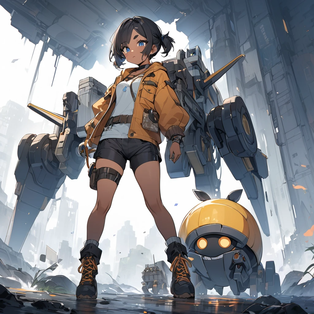 (master piece),(best quality), BREAK, 18yo gal,((dark skin body:1.2)),Landscape painting,small breast, BREAK, dark black hair,under ponytails,flipped short hair, BREAK, for head,thick eyebrow,blue eyes,open mouth, BREAK,fog ruins sity,treasure hunter costume,booty shorts,,(Mechanical pengin bot),