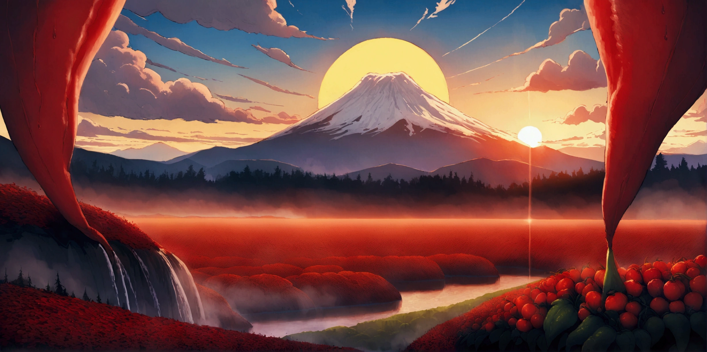 ultra wide landscape flooded with light moebius style, giant Red chilis, large tomato, sun, mt hood, waterfall