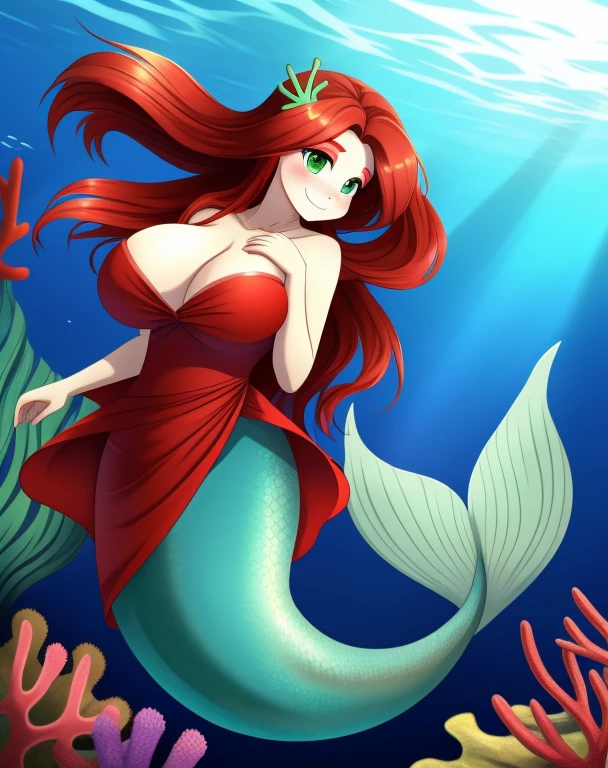 mermaid, underwater, red hair, long hair, green eyes, red blush, happy face, red eyeshadow, shy, large breasts, gown, sexy pose, coral, fish,