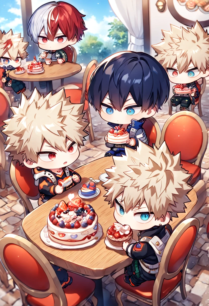 absurdres, highres, ultra detailed, HDR, master piece, best quality, extremely detailed, Todoroki Shouto chibi, bicolored hair, right side of the hair white, left side of the hair red, expressive blue eyes, Boku No Hero Academia, Bakugo Katsuki chibi, ash-blonde hair, expressive red eyes, two boy sitting together, gay couple, yaoi, cute, hero clothes, magical, cafe, table, chairs, eating, cake