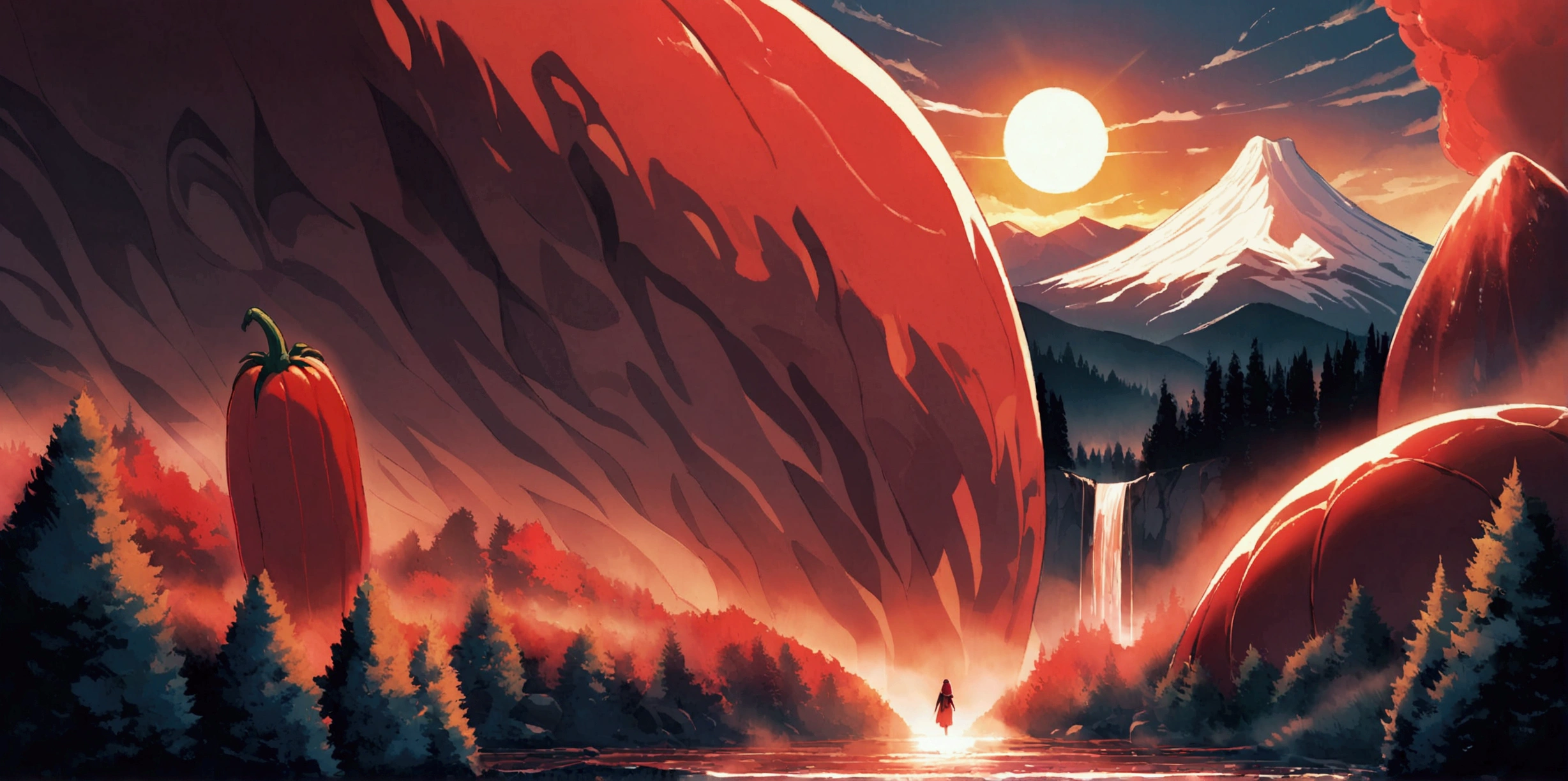 ultra wide landscape flooded with light moebius style, giant Red chilis, large tomato, sun, mt hood, waterfall, forest